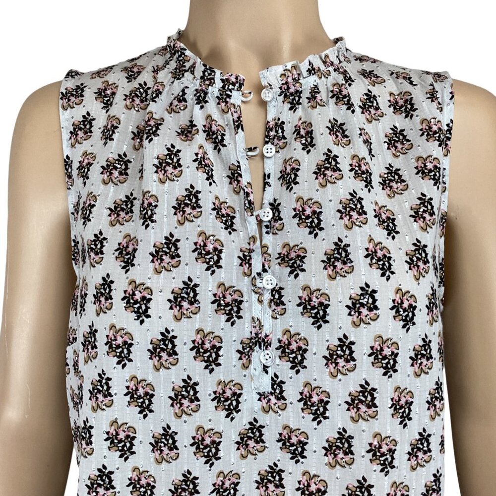 Talbots Top‎ Size Small Sleeveless Floral Metallic Ruffle Neck Button Down - Picture 6 of 8
